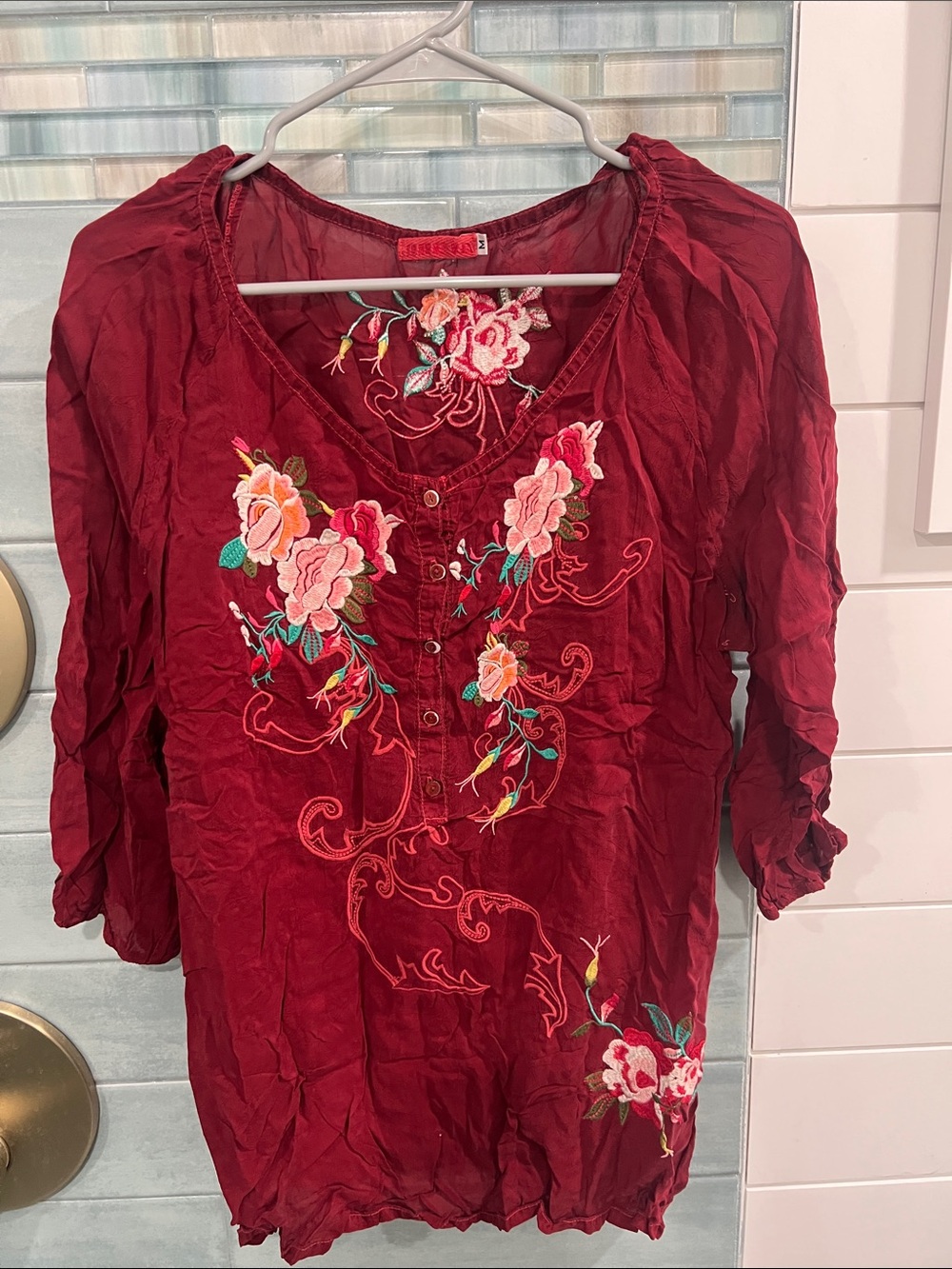 Johnny Was Deep Red Floral Embroidered V-Neck Tunic